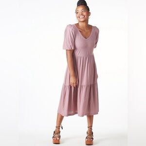 Nation LTD Geri Peasant Tiered Pima Cotton Midi V Neck Puff Sleeves Dress.